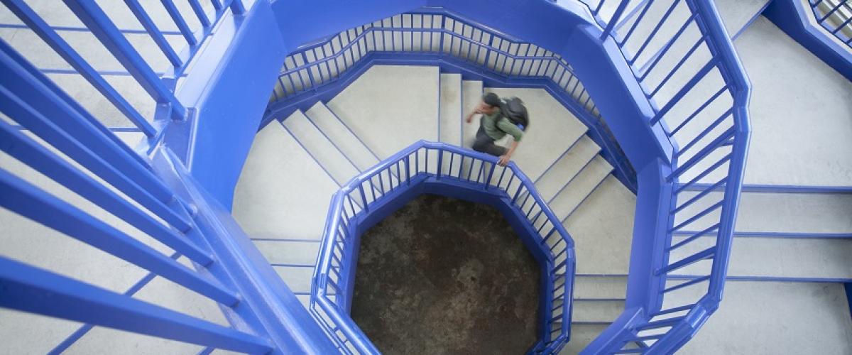 blue and white spiral staircase