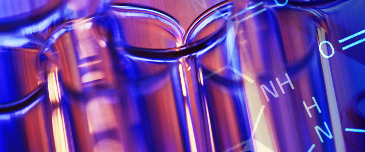 Blue and red photo with stylized test tubes