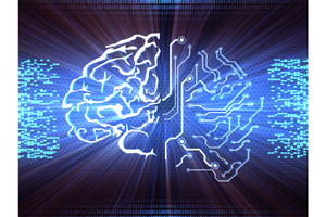 Graphic of brain image and computer networking symbols